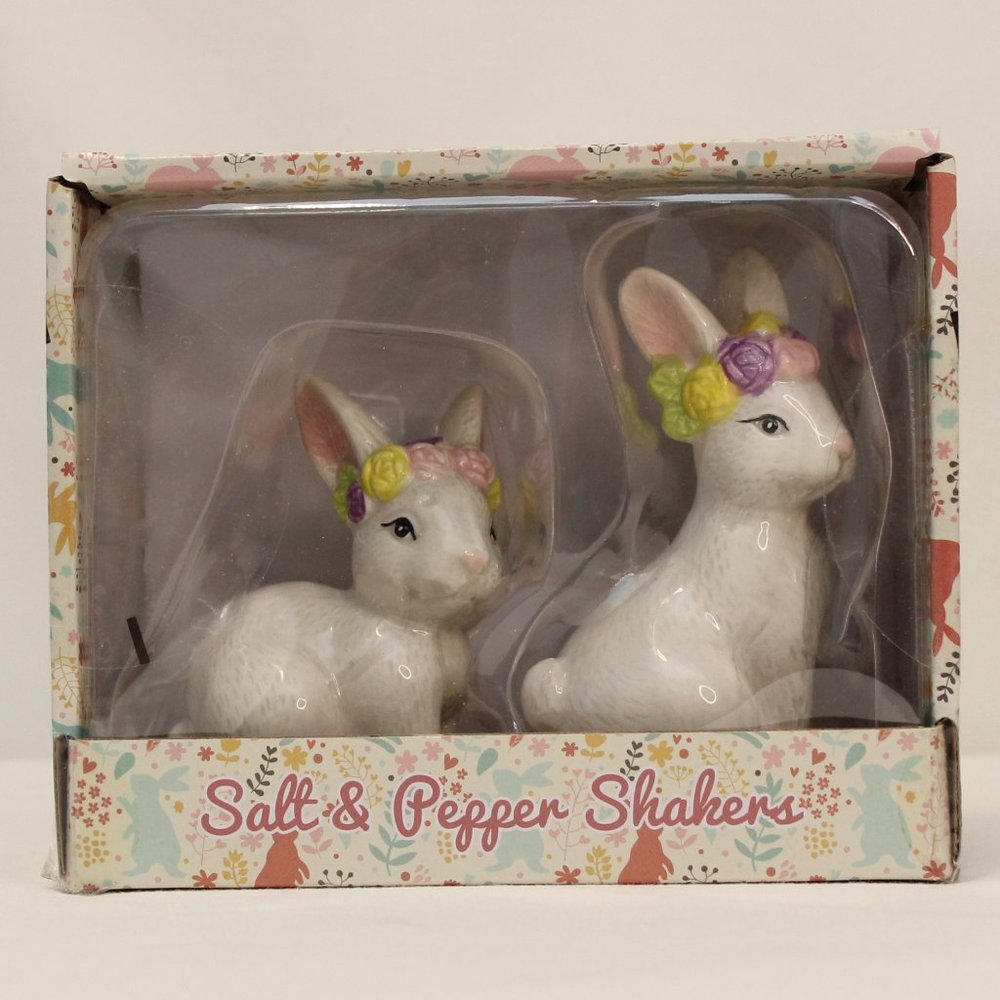 Spring Easter Bunny Wearing Floral Crowns Salt & Pepper Shakers Set